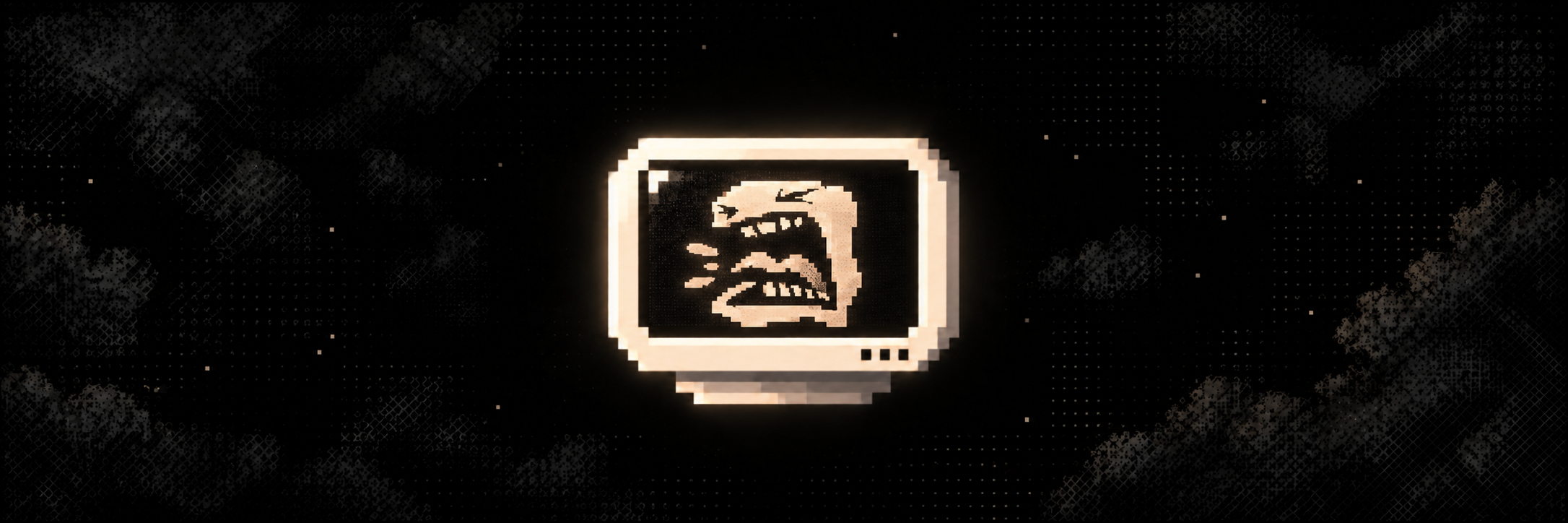 A glowing vintage monitor with a shouting face against a dark textured backdrop